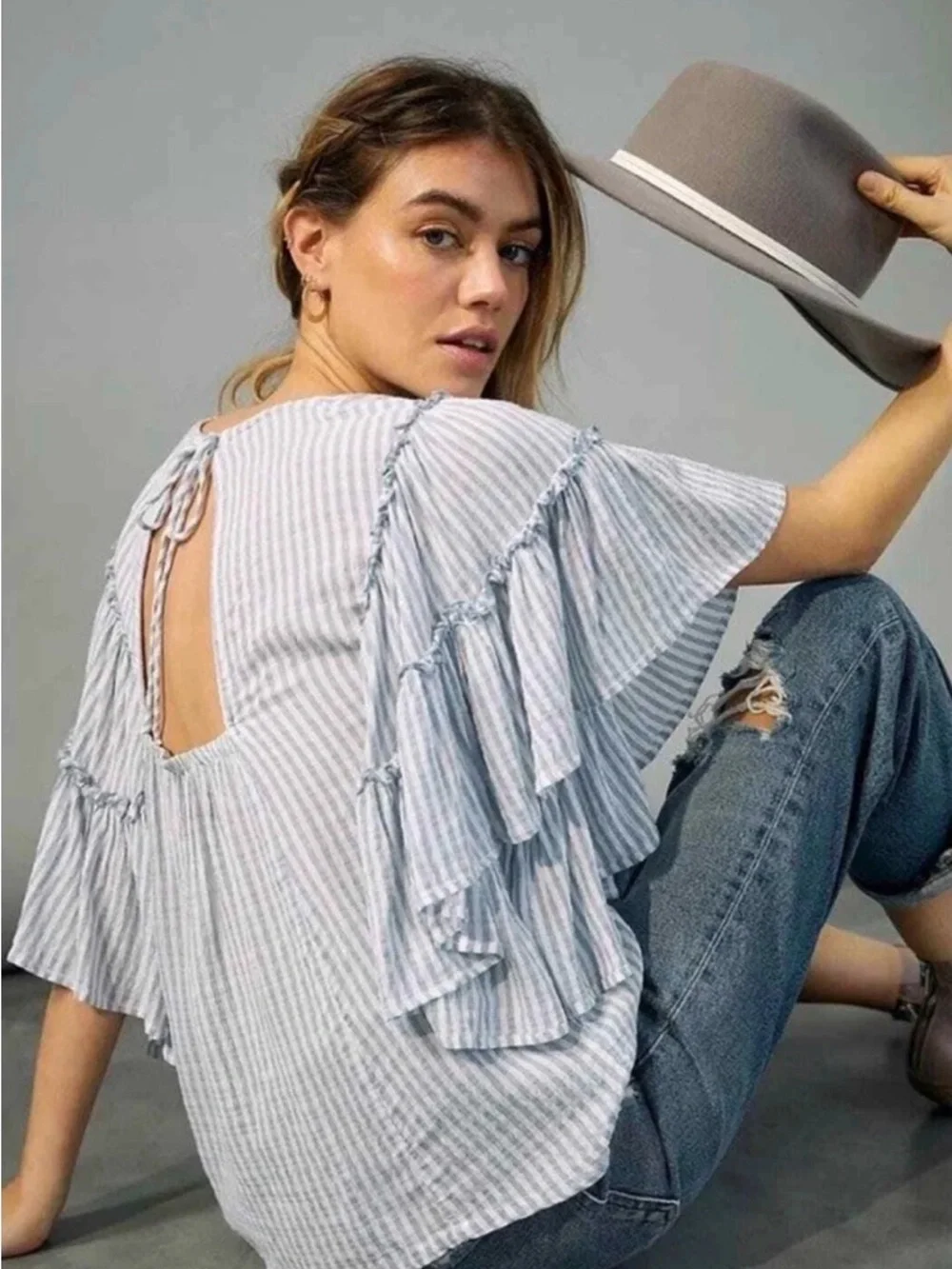 Anthropologie Pilcro Blue Striped Sybil Ruffle Sleeve Open Back Blouse Large - Picture 2 of 11